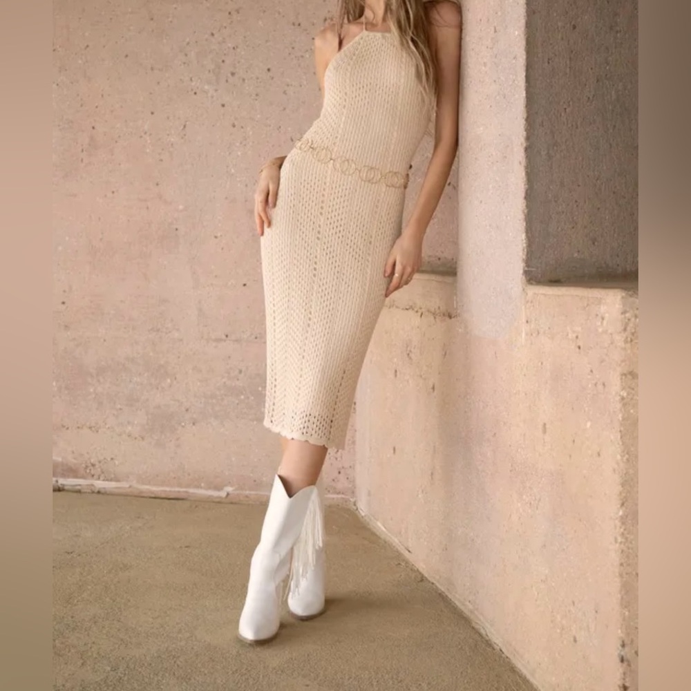 Sensational Sunshine Beige Crochet Halter Midi Dress